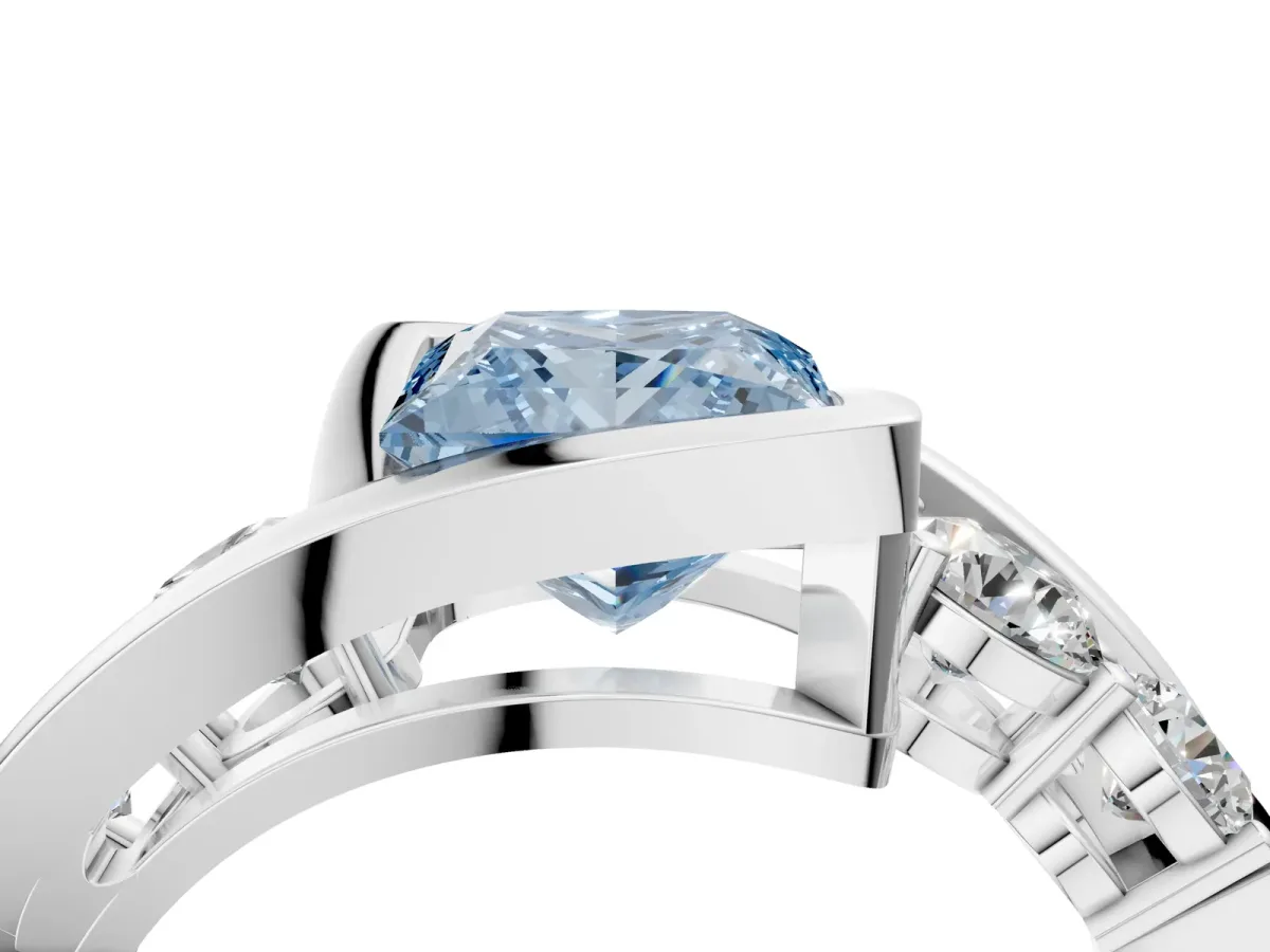 Fancy Blue Bezel Set Princess Cut Diamond Bypass Ring with Round Accents Silver