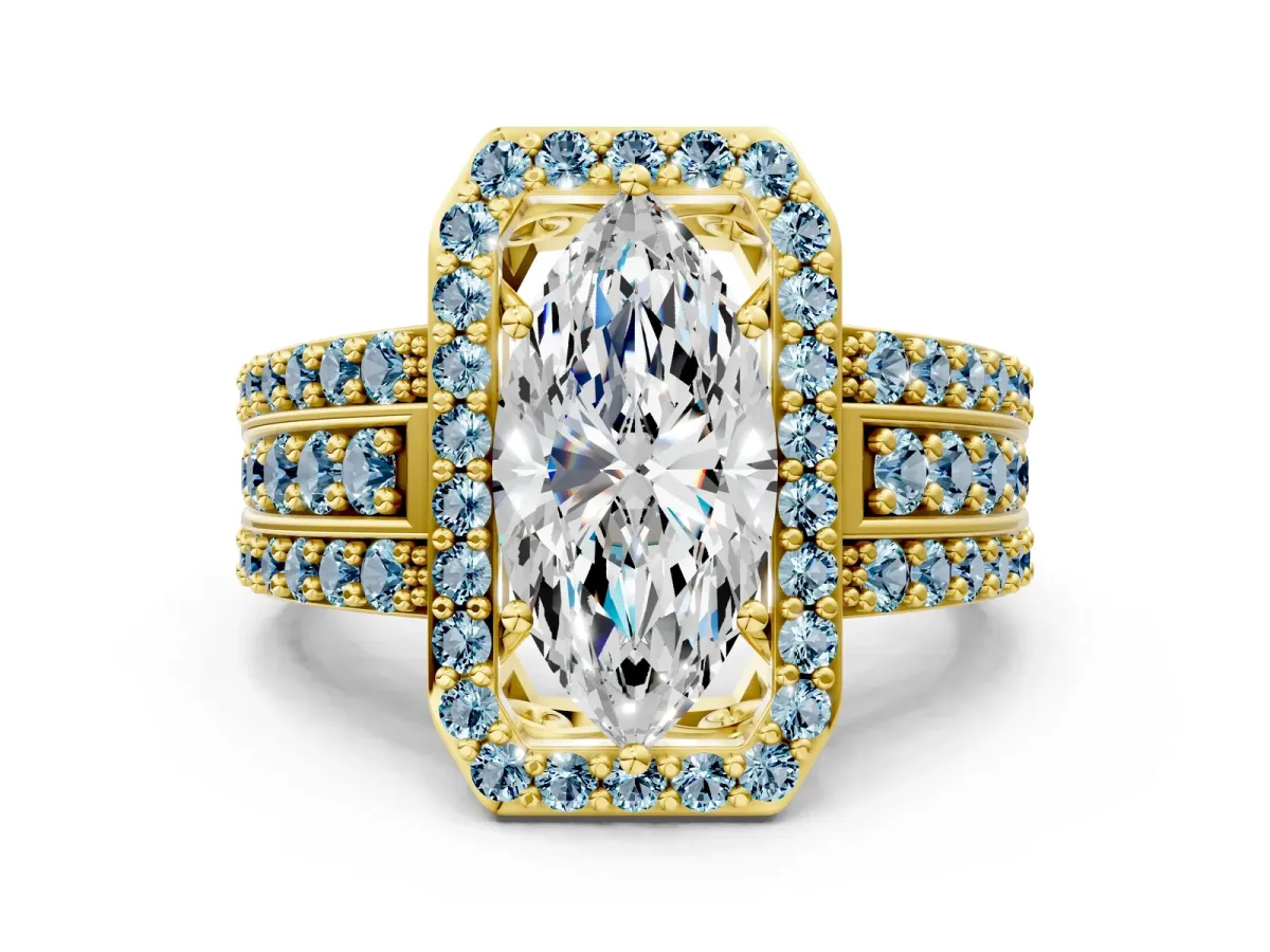 Marquise Cut Halo Diamond Ring with Round Aquamarine Split Shank and Prong Setting Yellow gold