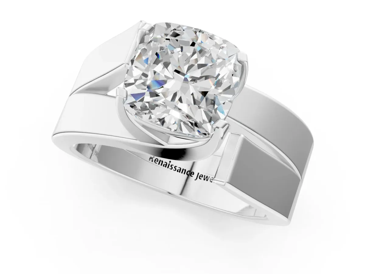 Modern Tension Set Cushion Cut Diamond Solitaire Wide Band Ring Silver