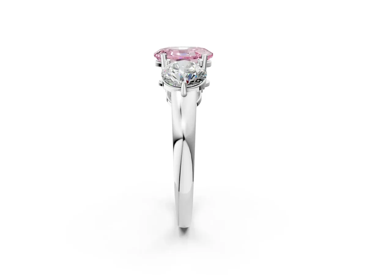 Fancy Pink Oval Cut Diamond Three-Stone Ring with Prong Setting and Classic Band White gold