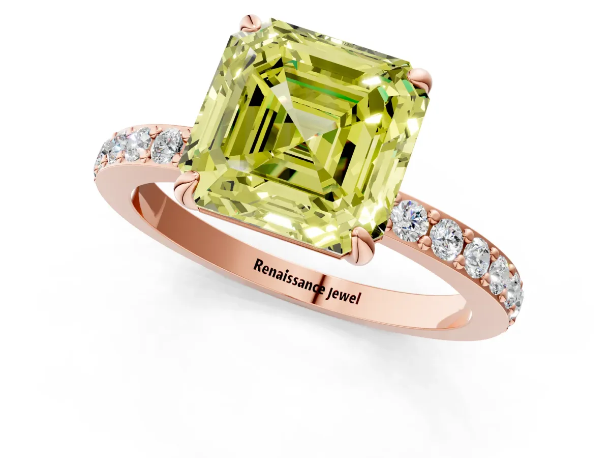 Fancy Yellow Asscher Cut Diamond Solitaire Engagement Ring with Pavé Band and Four-Prong Setting Rose gold