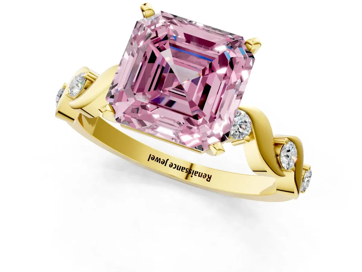 Fancy Pink Asscher Cut Diamond Solitaire Twisted Band with Round Accents and Prong Setting Yellow gold