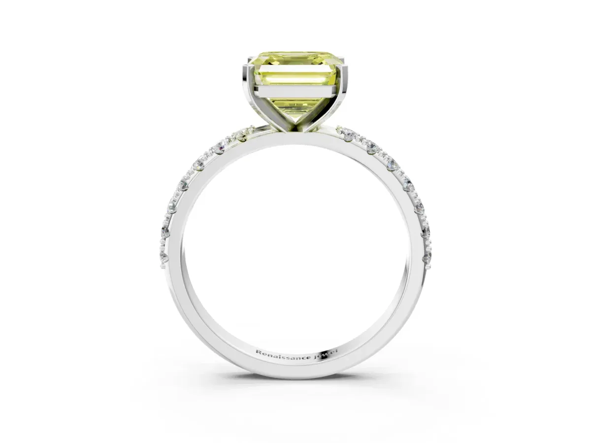 Fancy Yellow Asscher Cut Diamond Solitaire Pavé Band with Four-Prong Setting Silver
