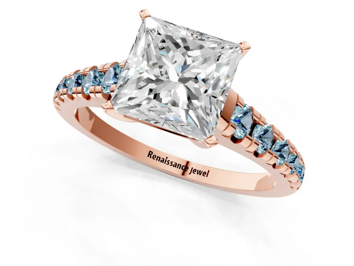 Princess Cut Diamond Cathedral Solitaire Ring with Round Aquamarine Pavé Band Rose gold