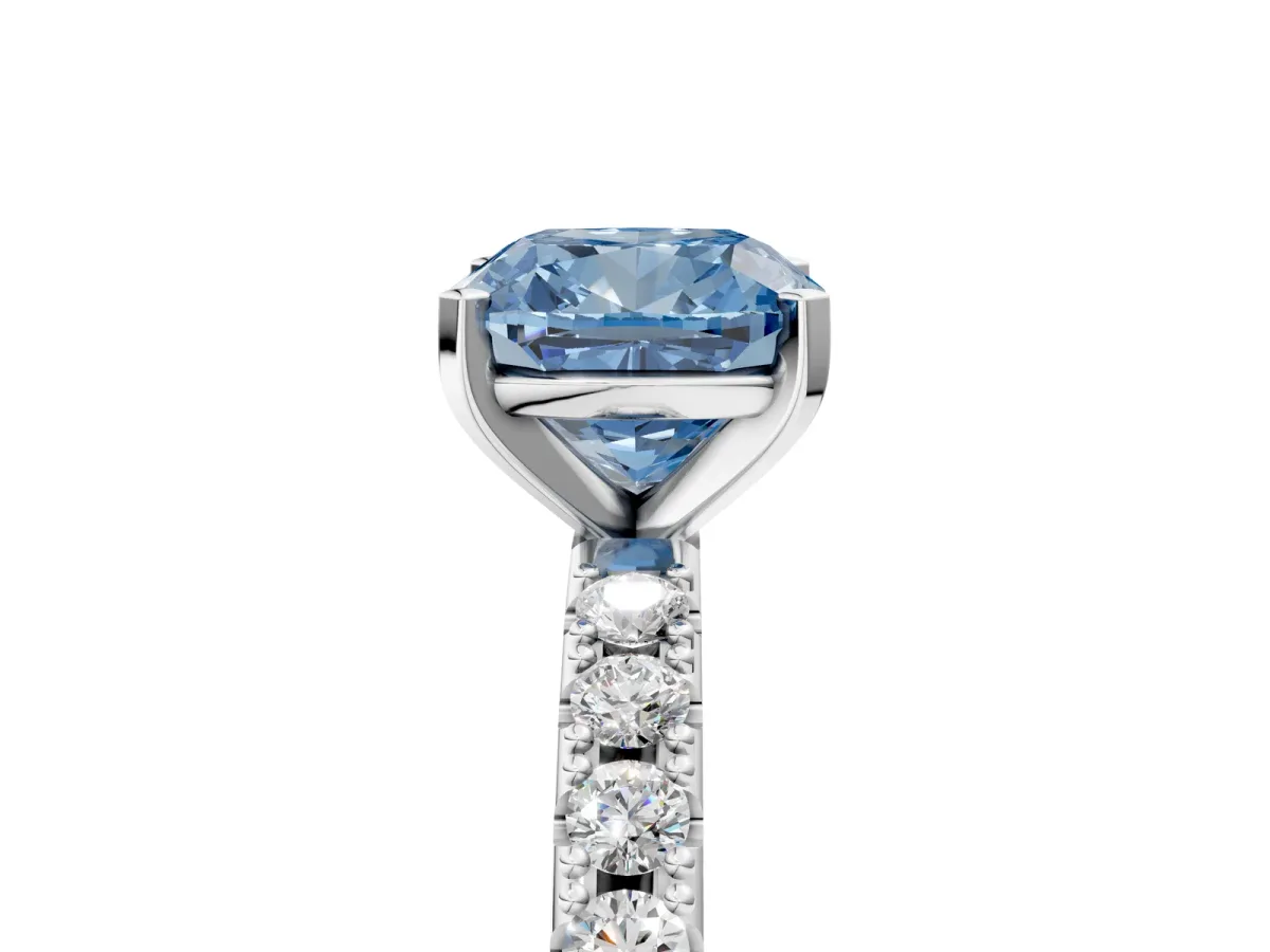 Fancy Blue Cushion Cut Diamond Solitaire Pavé Band with Four-Prong Setting Platinum