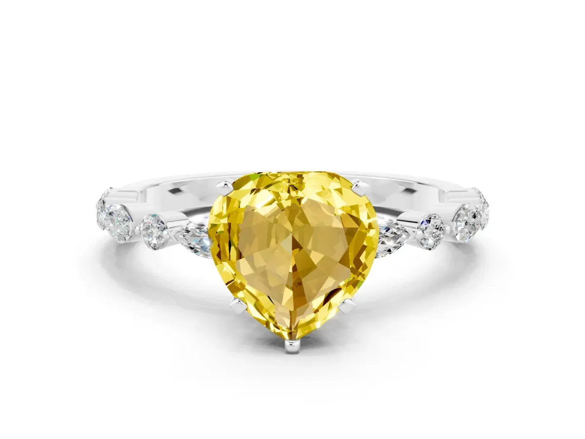 Heart Cut Yellow Sapphire Ring with Marquise and Round Side Stones and Four-Prong Setting White gold