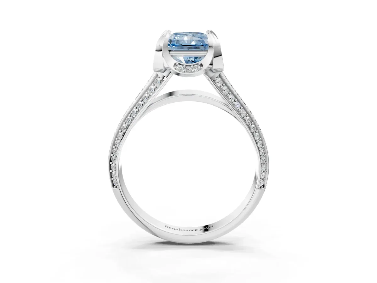 Fancy Blue Radiant Cut Solitaire Pave Split Shank Ring with Four-Prong Setting Platinum