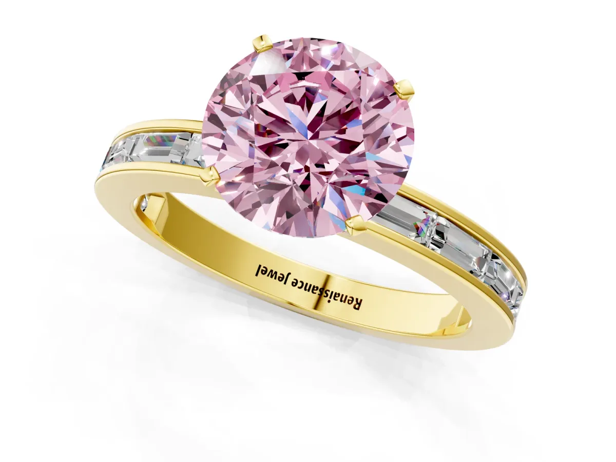 Fancy Pink Round Cut Solitaire Diamond Ring with Channel-Set Baguette Band and Four-Prong Setting Yellow gold