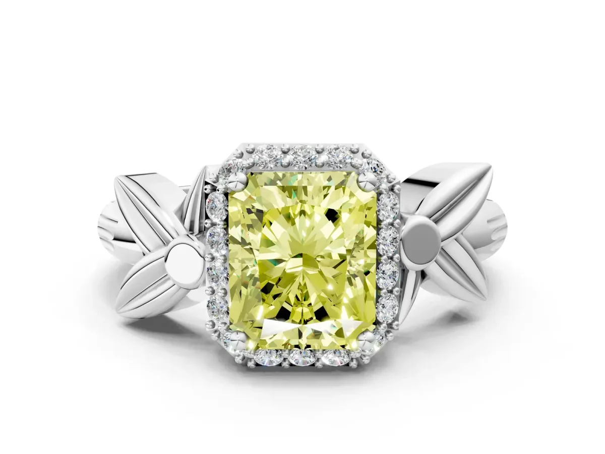 Fancy Yellow Radiant Cut Halo Diamond Floral Band with Four-Prong Setting Platinum