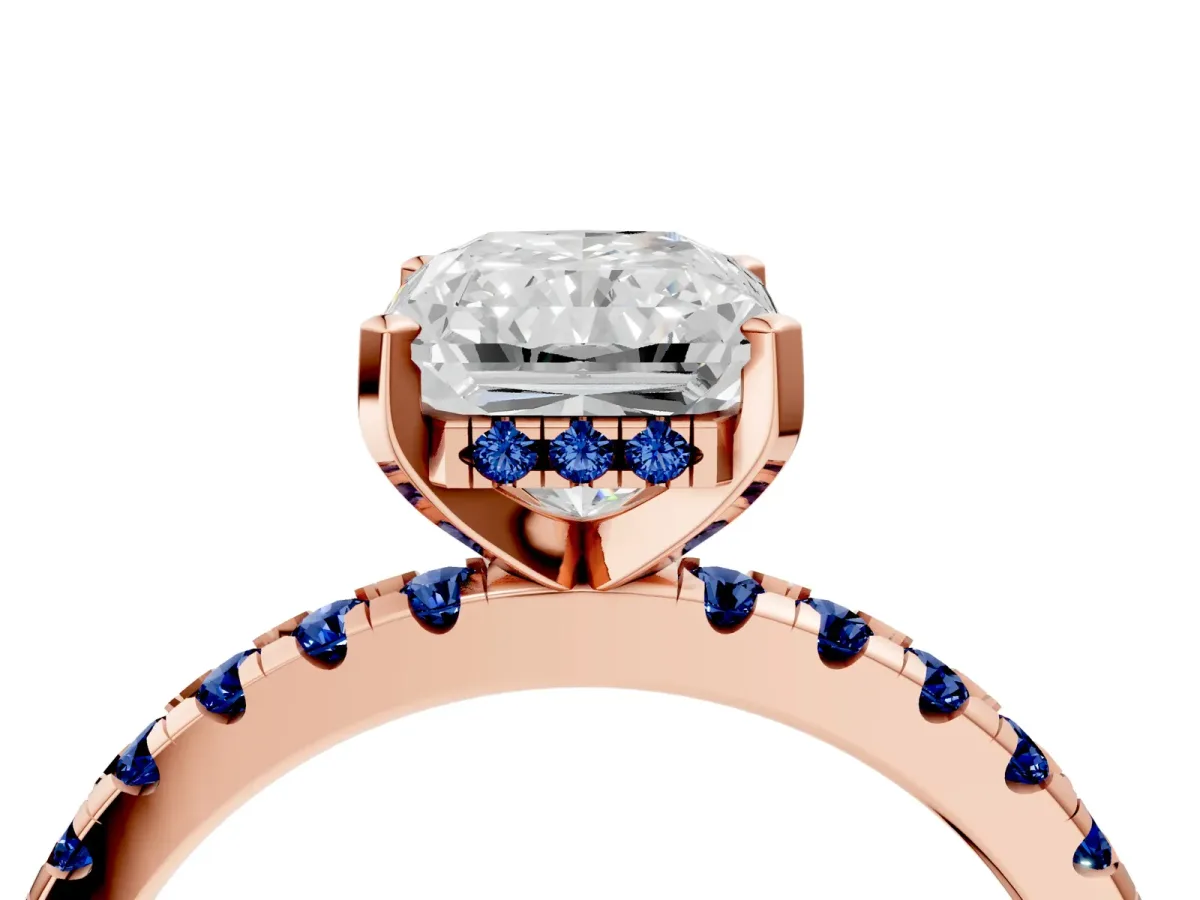 Radiant Cut Diamond Solitaire Ring with Round Blue Sapphire Pavé Band and Four-Prong Setting Rose gold