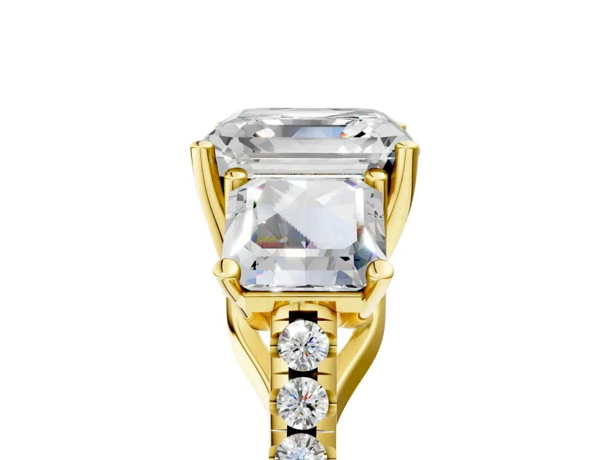 Three-Stone Asscher Cut Diamond Ring with Round Pavé Band and Prong Setting Yellow gold
