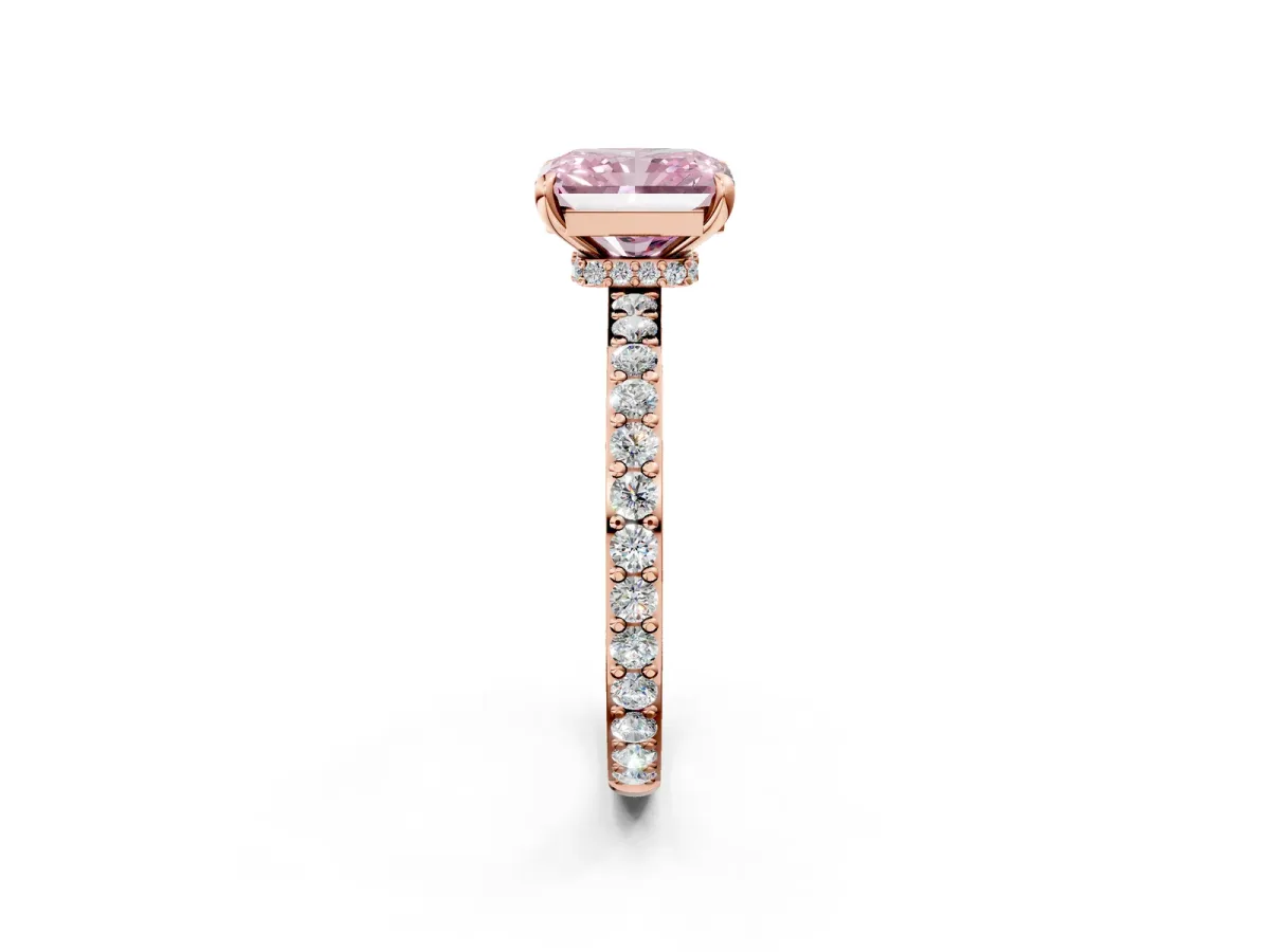 Fancy Pink Radiant Cut Diamond Solitaire Engagement Ring with Pavé Band and Four-Prong Setting Rose gold
