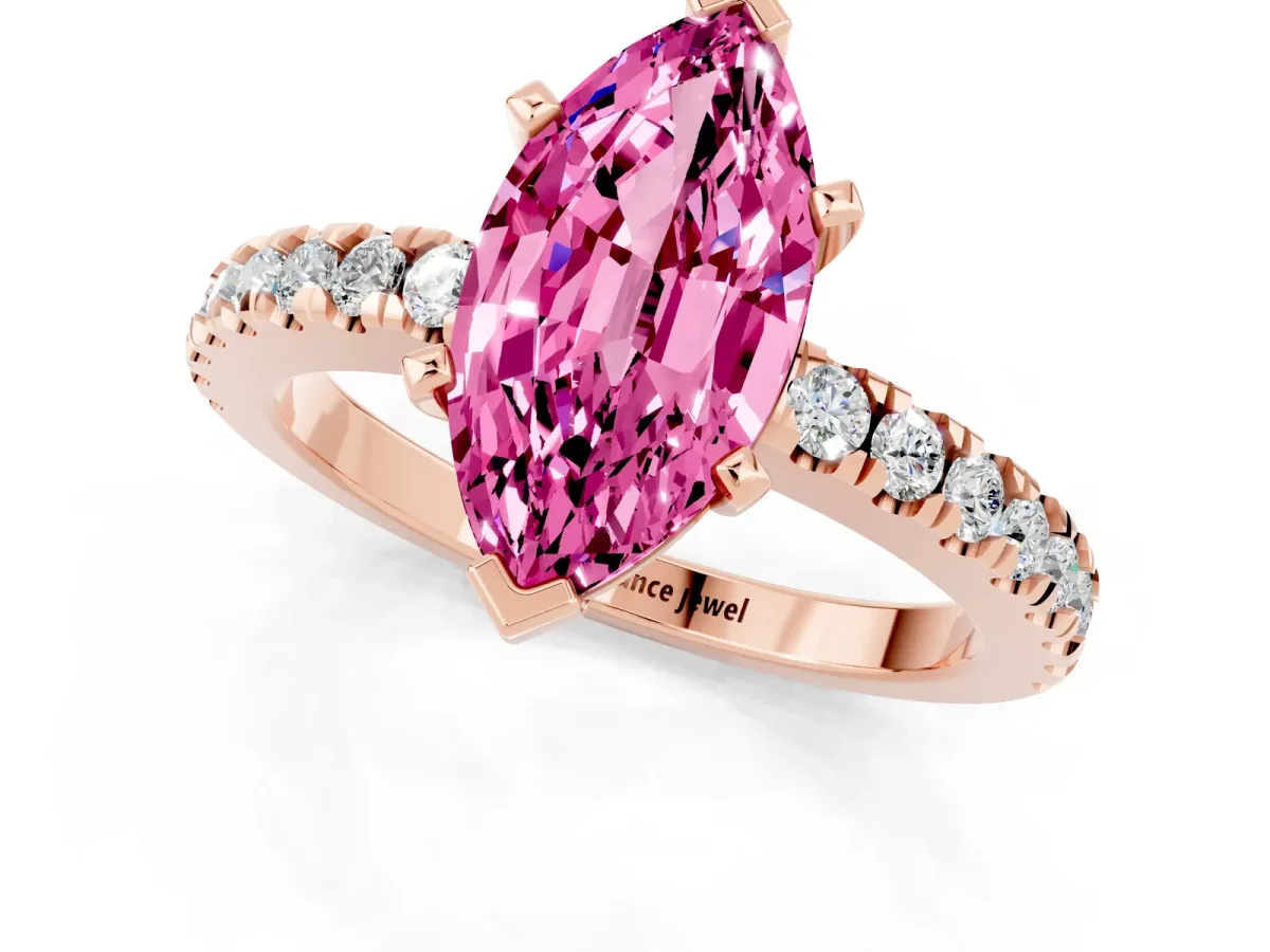 Marquise Cut Solitaire Pink Sapphire with Pavé Band and Four-Prong Setting Rose gold