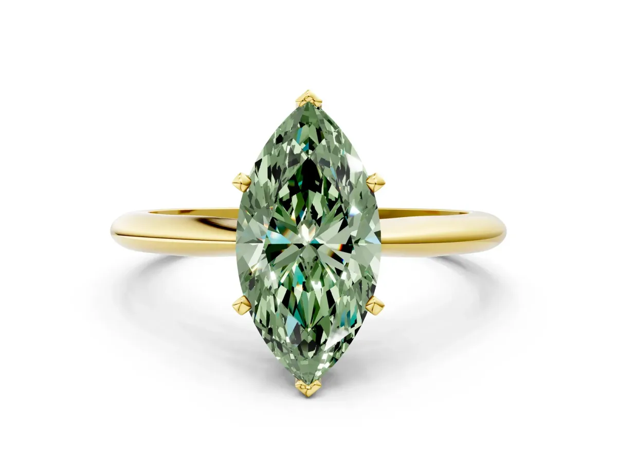 Fancy Green Marquise Cut Diamond Solitaire Engagement Ring with Classic Band and Four-Prong Setting Yellow gold
