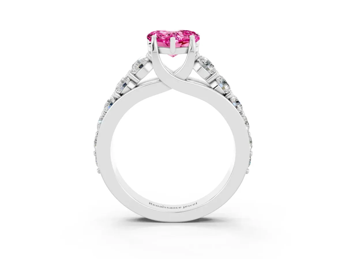 Heart Cut Pink Sapphire Engagement Ring with Pavé Band and Four-Prong Setting White gold