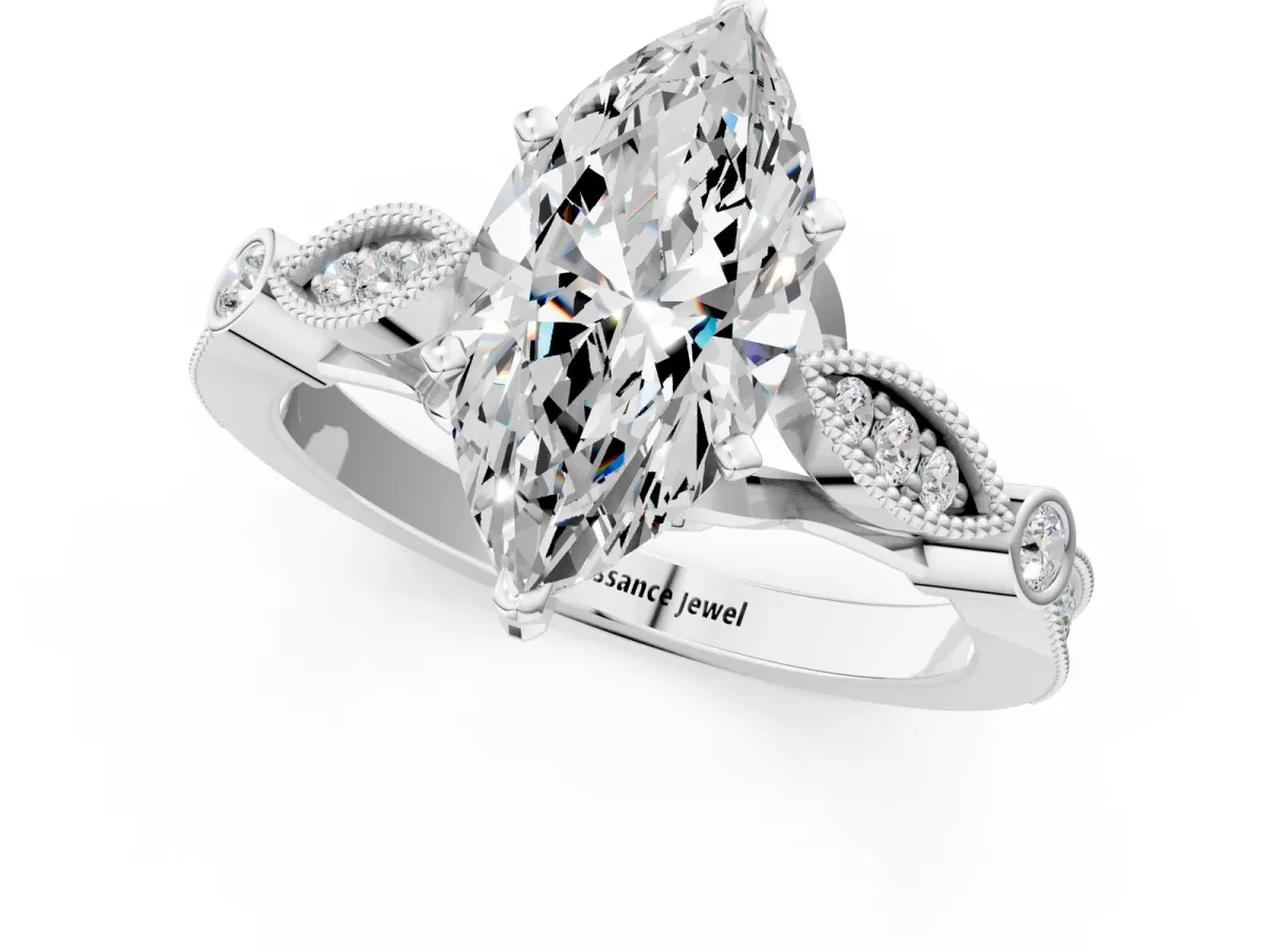 Marquise Cut Cut Diamond with Milgrain Marquise and Bezel Accents on a Solitaire Band with Prong Setting Silver