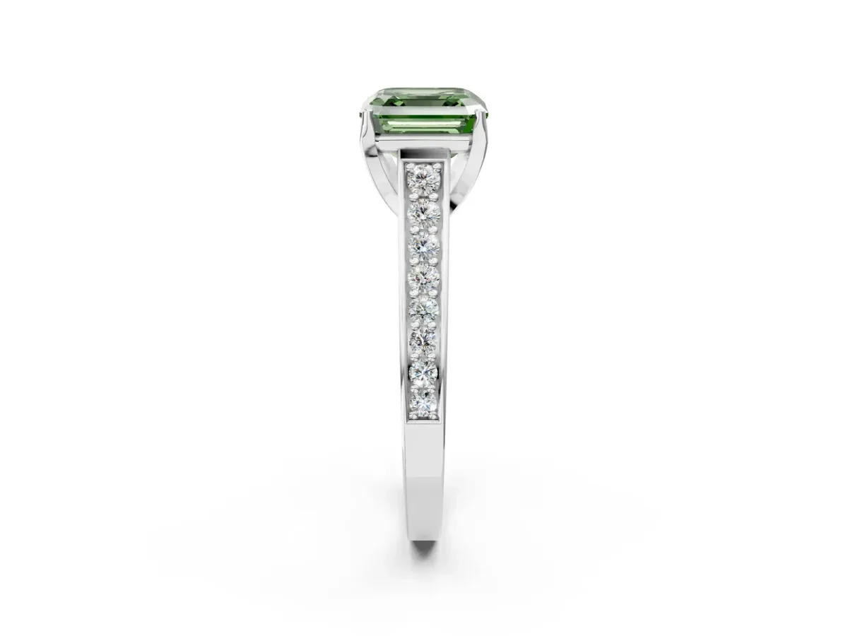 Fancy Green Asscher Cut Brilliant Cut Diamond Engagement Ring with Pavé Band and Four-Prong Setting Platinum