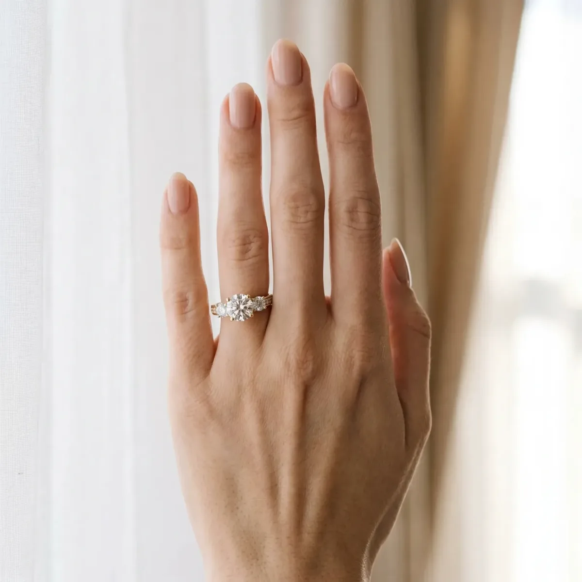 Three-Stone Round Cut Cut Diamond Engagement Ring with Split Shank and Prong Setting Yellow gold