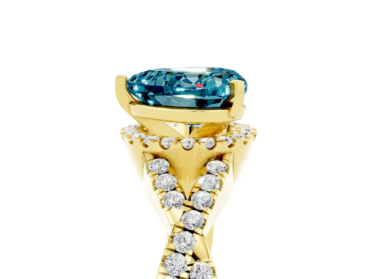 Heart Cut Blue Topaz Halo Twist Band Solitaire Prong Setting Ring Yellow gold