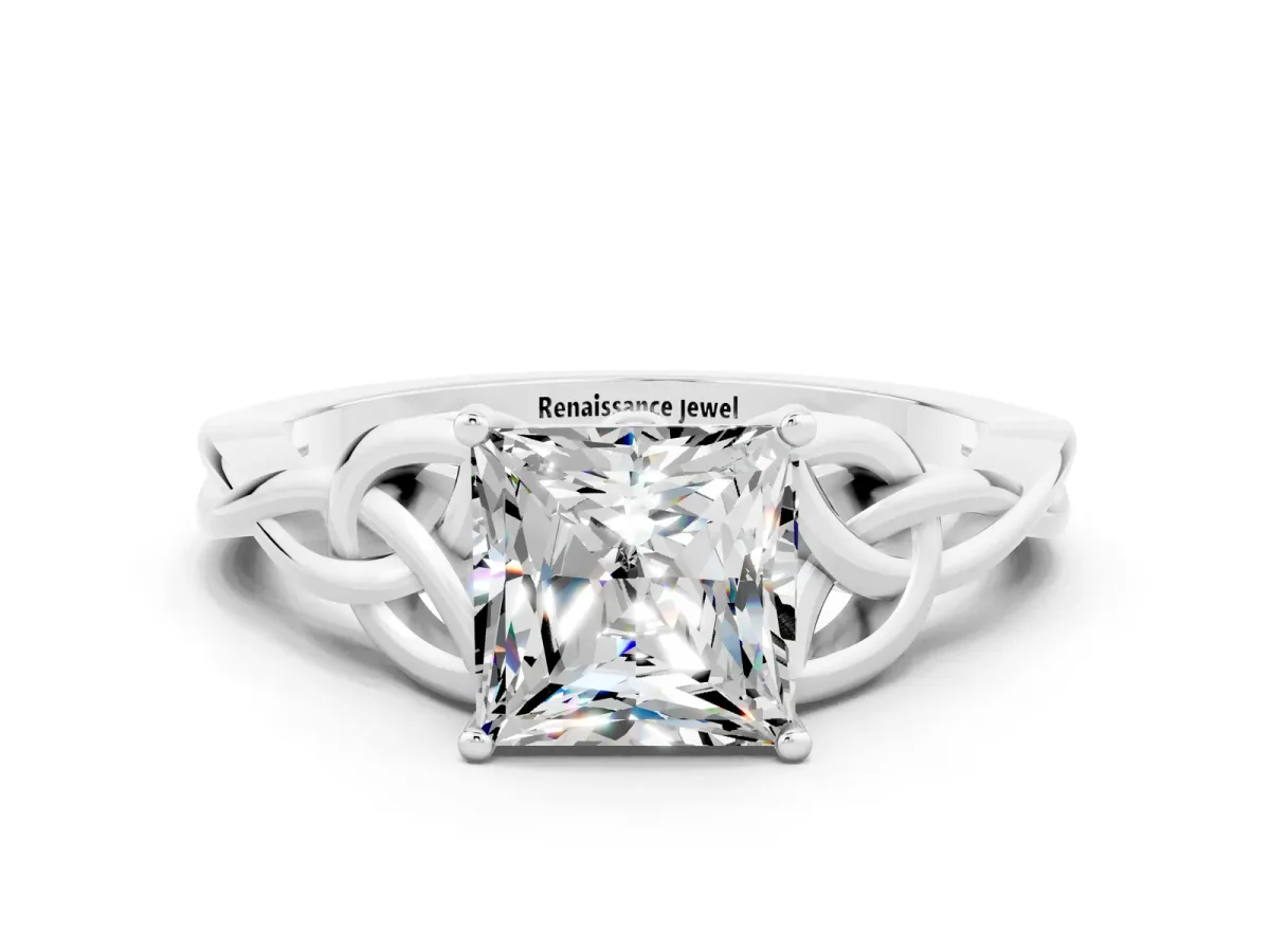 Princess Cut Moissanite Solitaire Engagement Ring with Celtic Knot Band and Four-Prong Setting White gold