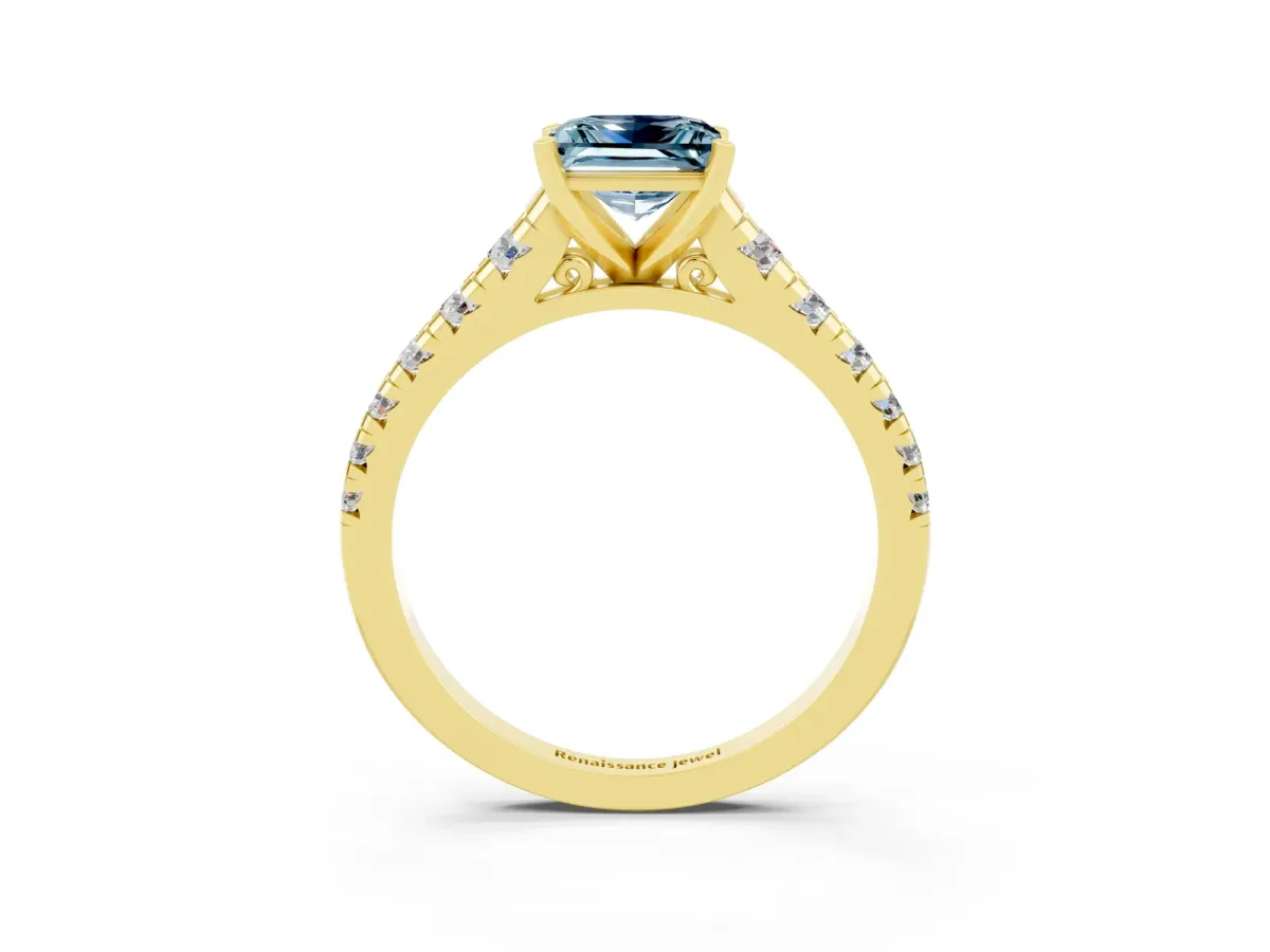 Princess Cut Aquamarine Cathedral Solitaire Ring with Round Pavé Band Yellow gold