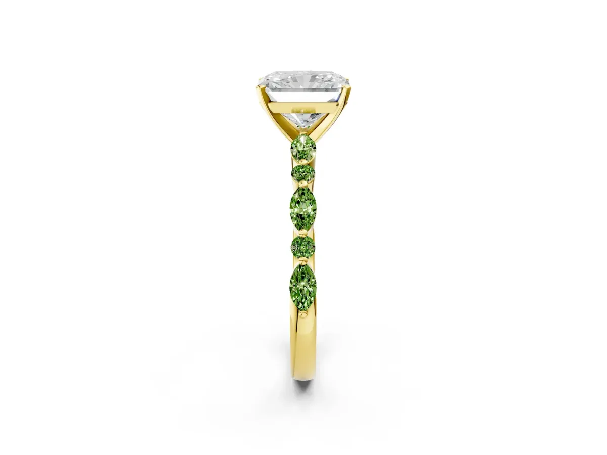 Radiant Cut Diamond Ring with Marquise and Round Peridot Side Stones and Four-Prong Setting Yellow gold