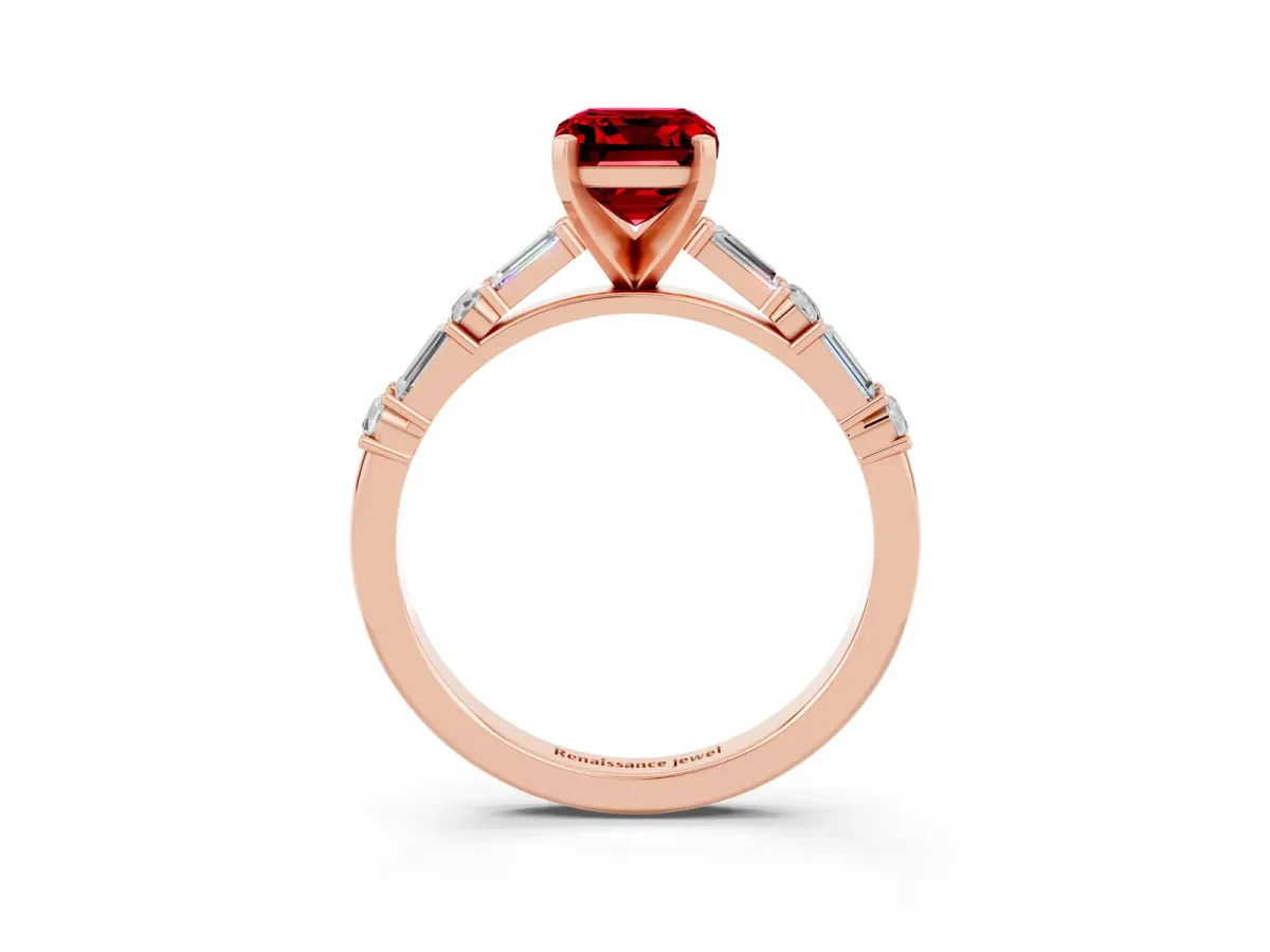 Emerald Cut Ruby Solitaire with Side Baguettes and Channel Set Band Rose gold