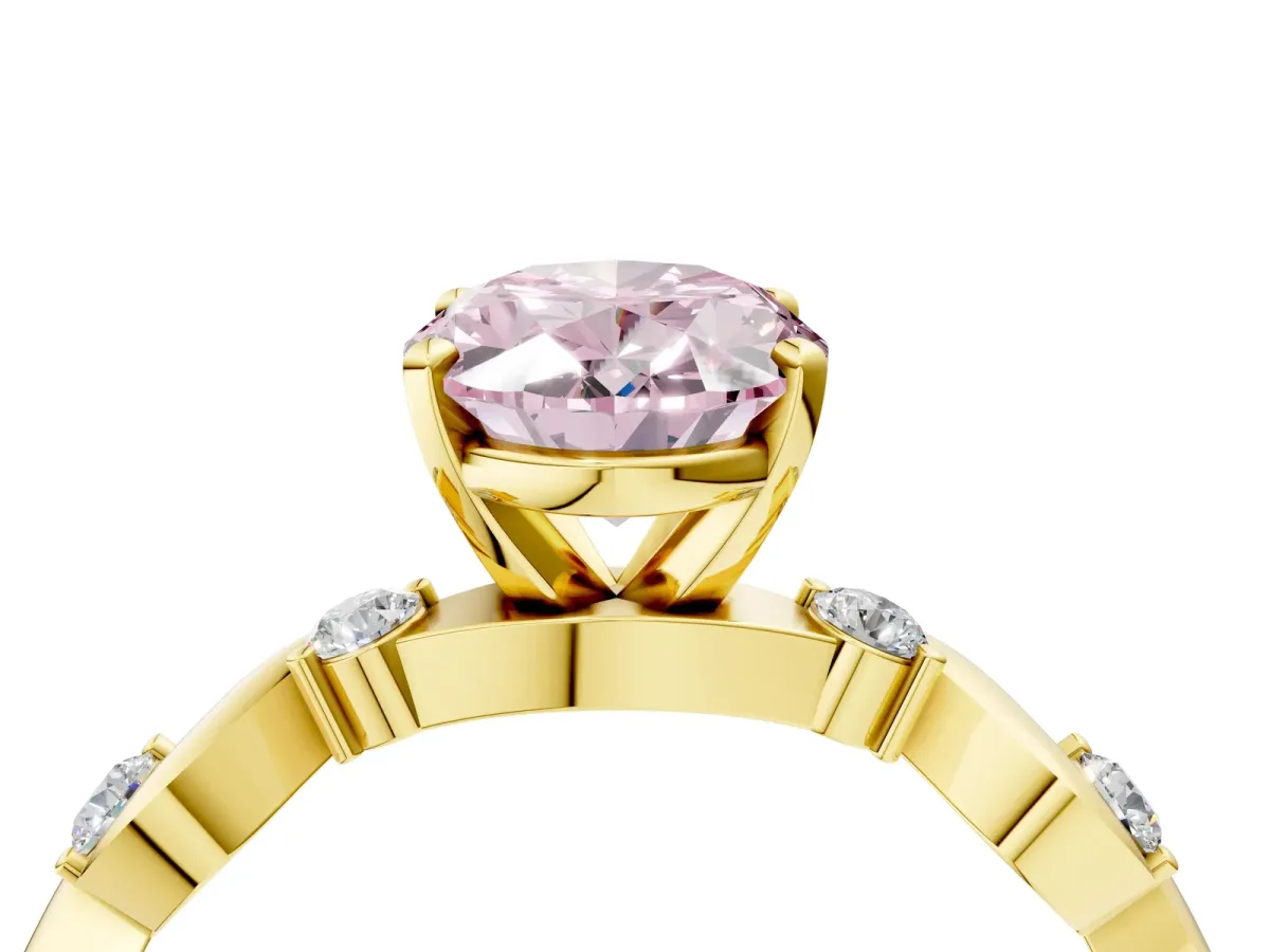 Fancy Pink Oval Cut Diamond Solitaire Twisted Band with Round Accents and Prong Setting Yellow gold