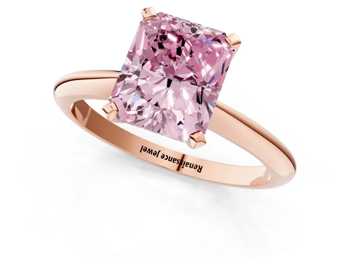 Fancy Pink Radiant Cut Diamond Solitaire Engagement Ring with Classic Band and Four-Prong Setting Rose gold