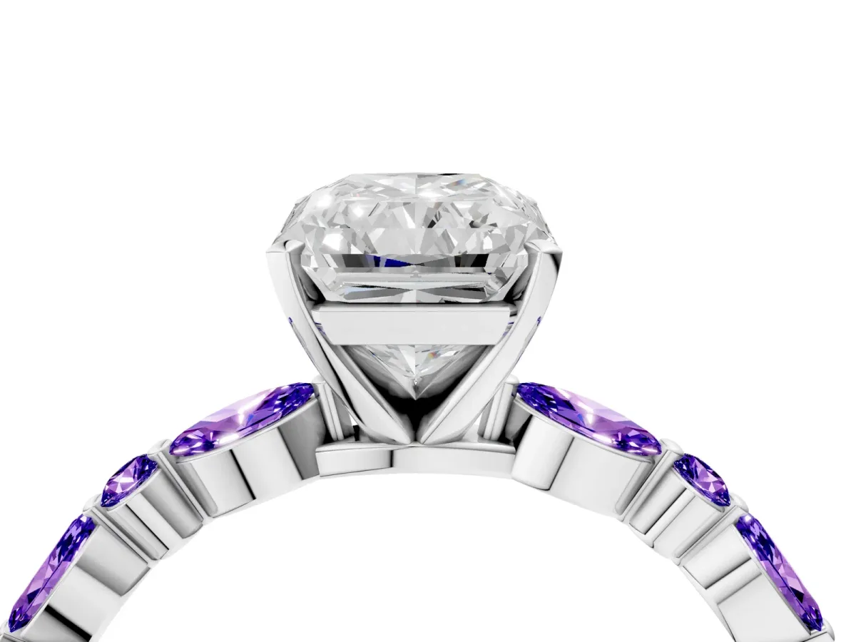 Radiant Cut Diamond Ring with Marquise and Round Tanzanite Side Stones and Four-Prong Setting White gold