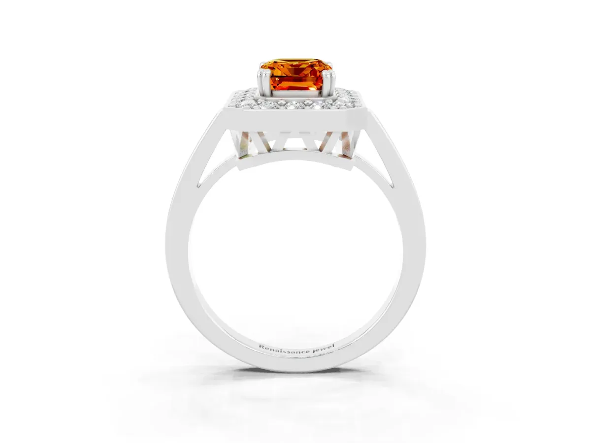 Emerald Cut Citrine Halo Ring with Split Shank and Four-Prong Setting White gold