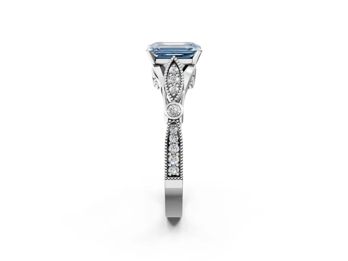 Fancy Blue Emerald Cut Cut Diamond with Milgrain Marquise and Bezel Accents on a Solitaire Band with Prong Setting Platinum