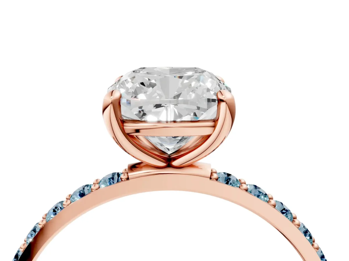 Cushion Cut Diamond Solitaire Ring with Round Aquamarine Pavé Band and Prong Setting Rose gold