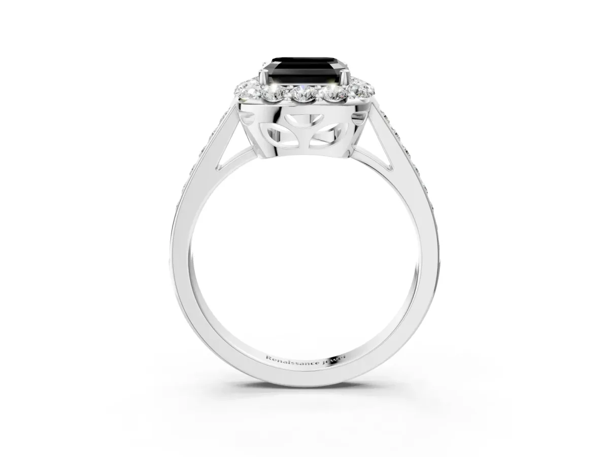 Fancy Black Asscher Cut Diamond Floral Halo Ring with Pavé Band and Prong Setting Platinum