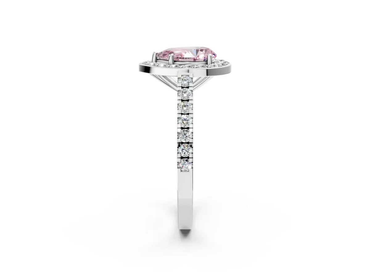 Fancy Pink Pear Cut Diamond Halo Ring with Round Pavé Split Shank and Prong Setting Platinum