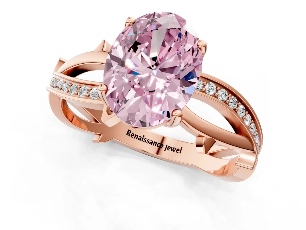 Fancy Pink Oval Cut Solitaire Twist Band with Pavé Accents and Four-Prong Setting Rose gold