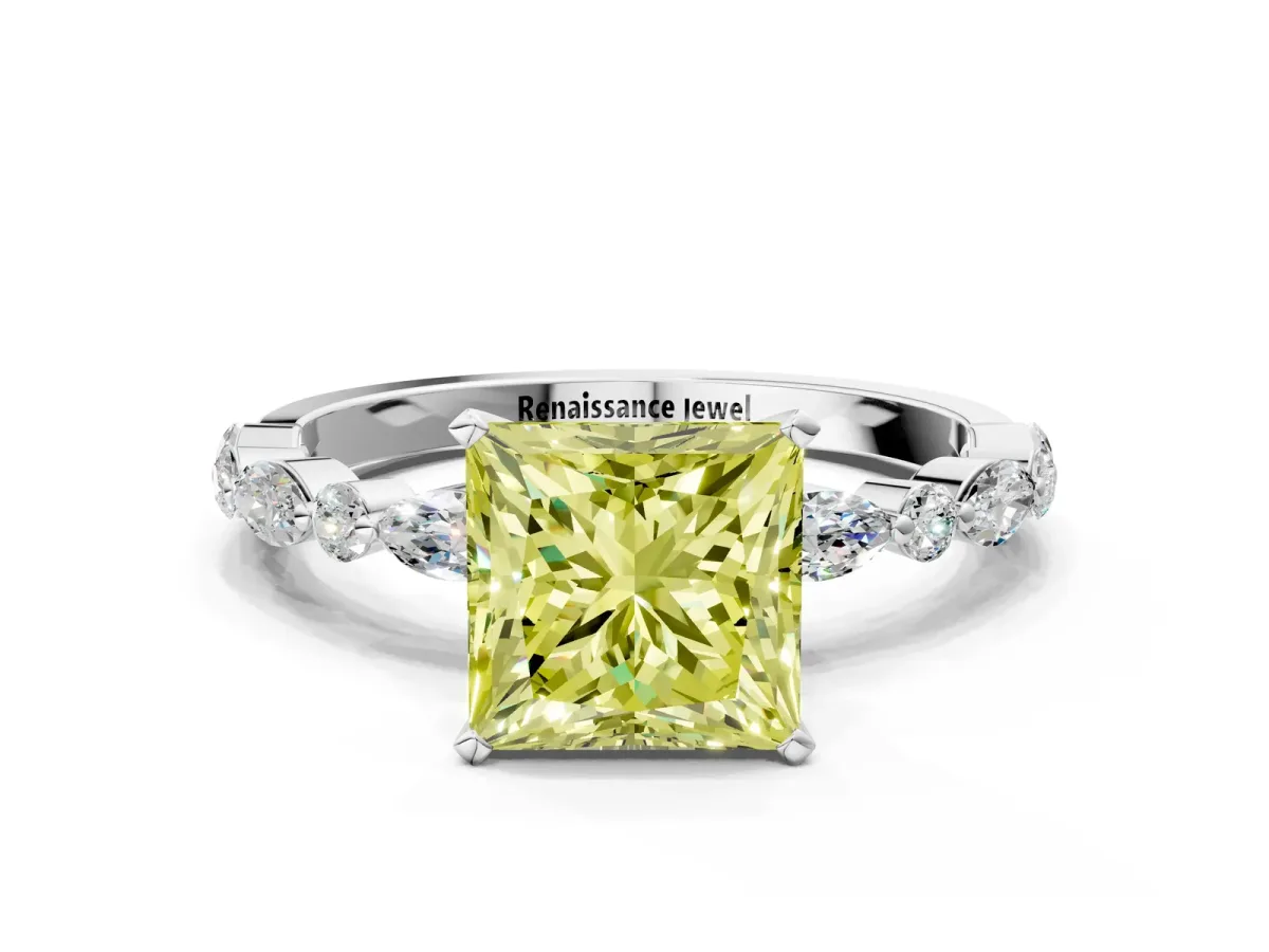 Fancy Yellow Princess Cut Diamond Ring with Marquise and Round Side Stones and Four-Prong Setting White gold