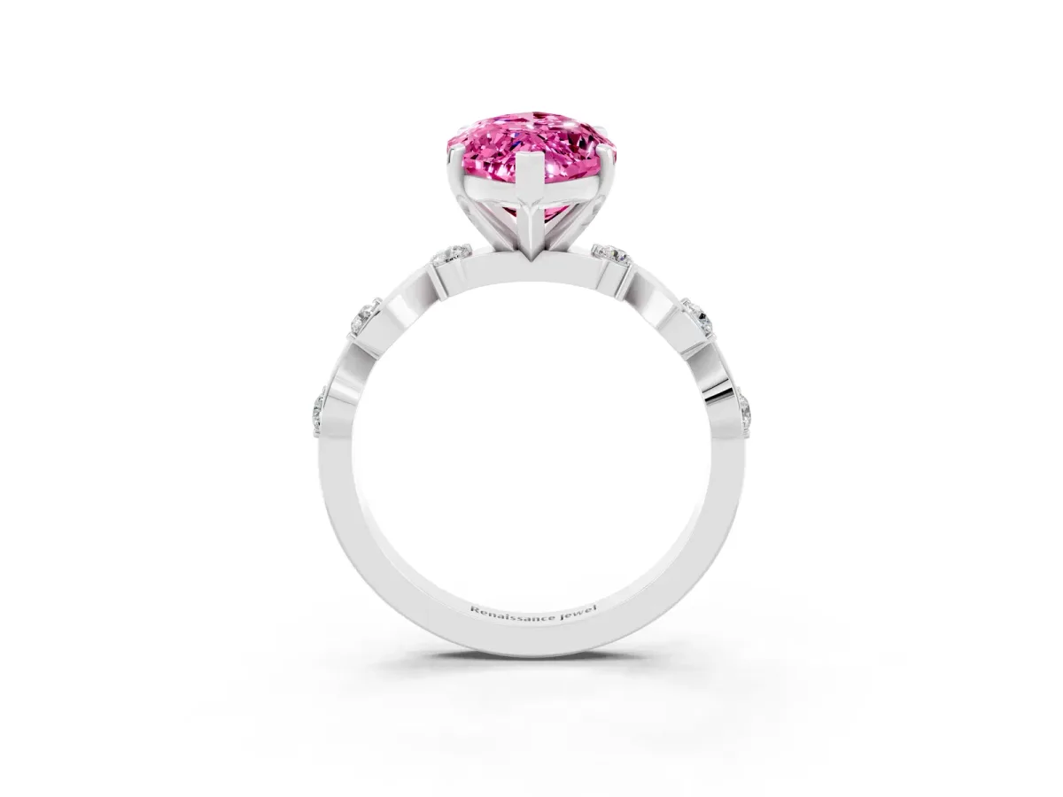 Marquise Cut Pink Sapphire Solitaire Twisted Band with Round Accents and Prong Setting Platinum