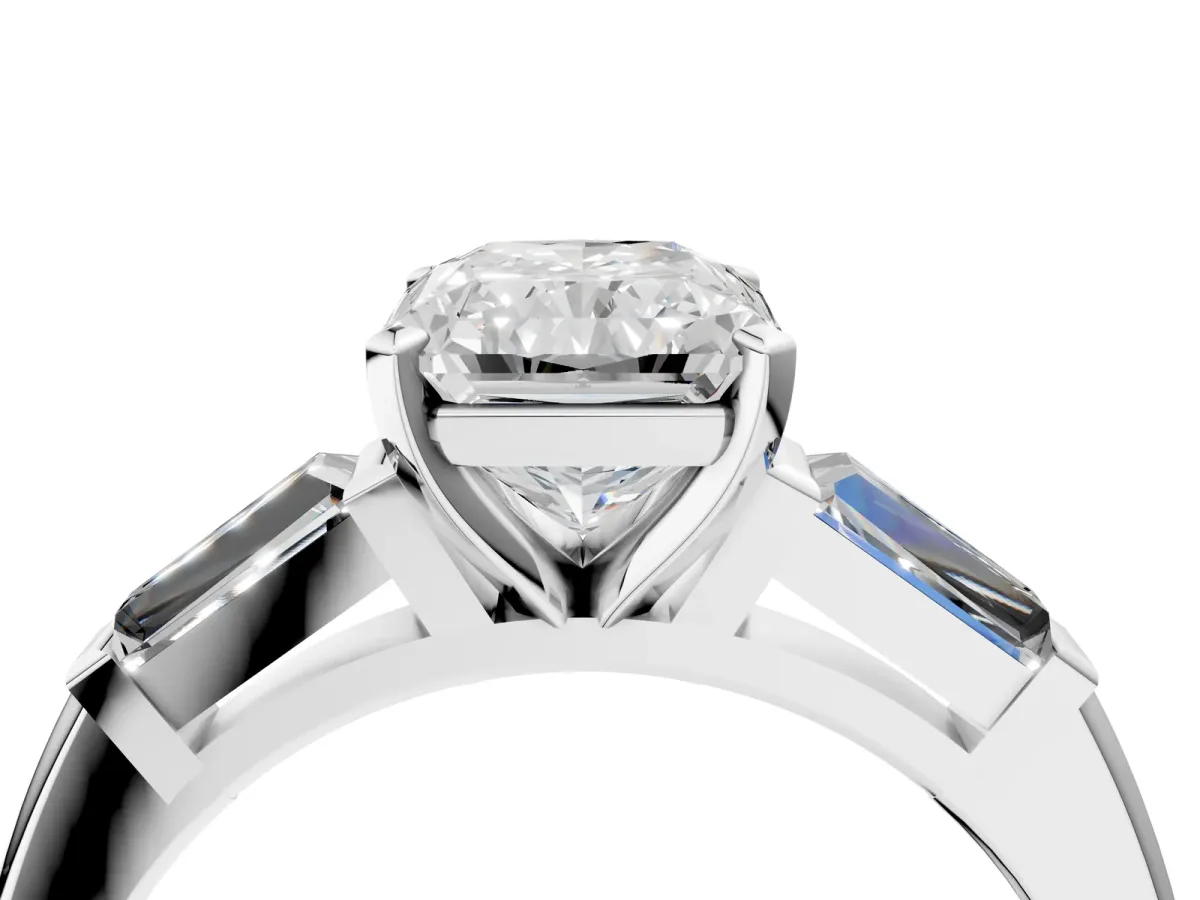 Radiant Cut Solitaire with Tapered Baguette Side Stones on a Classic Band with Four-Prong Setting Platinum