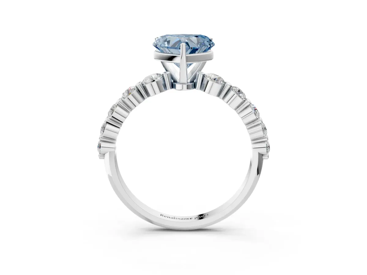 Fancy Blue Heart Cut Solitaire Diamond Ring with Pave Band and Four-Prong Setting Platinum