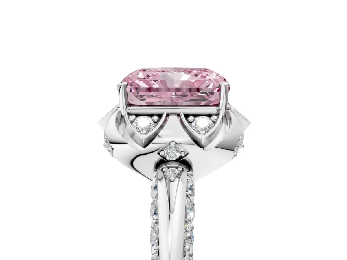 Fancy Pink Radiant Cut Halo Split Shank Pave Diamond Ring with Petal Prong Setting Platinum