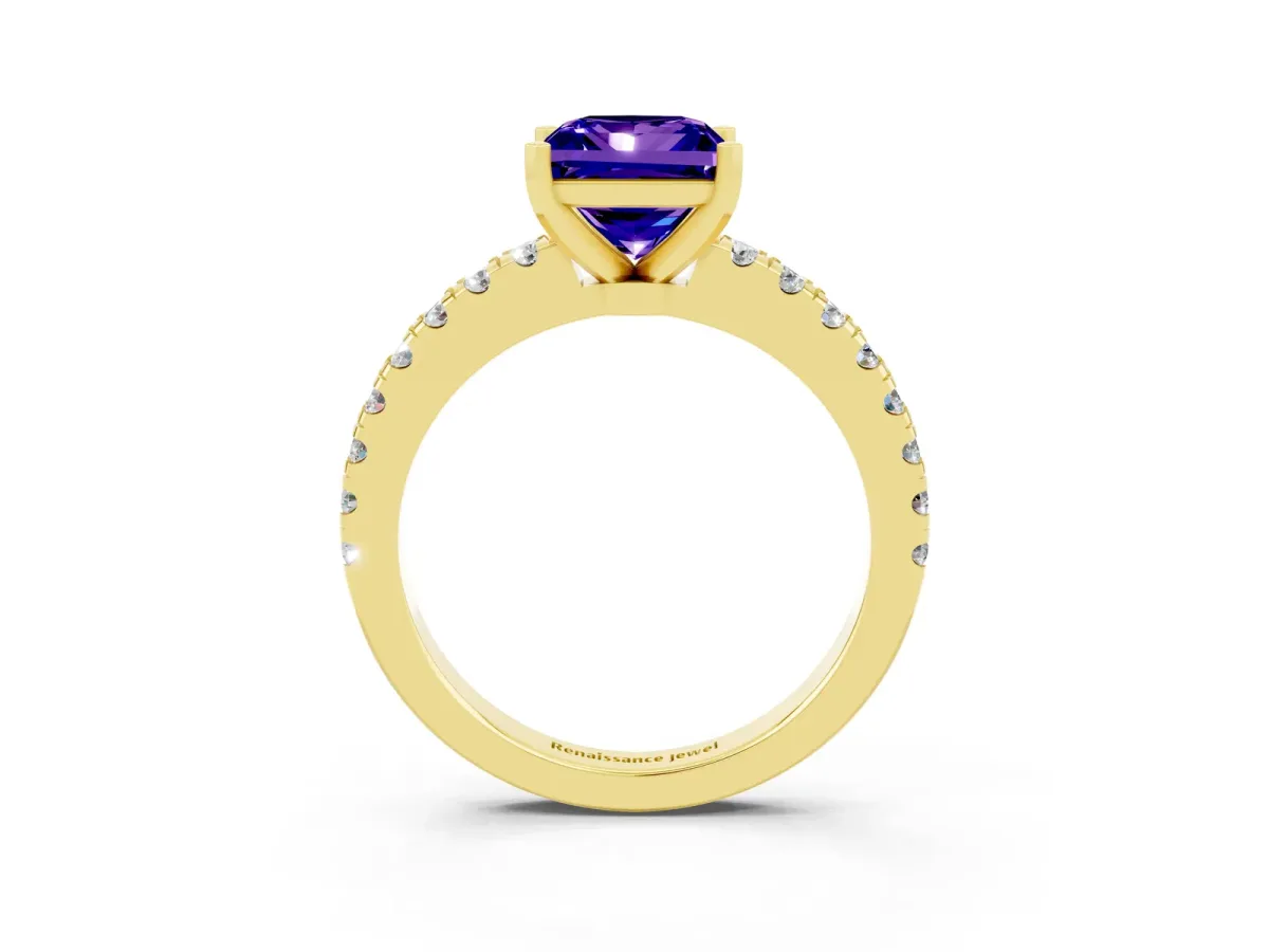 Princess Cut Solitaire Tanzanite with Pavé Band and Four-Prong Setting Yellow gold