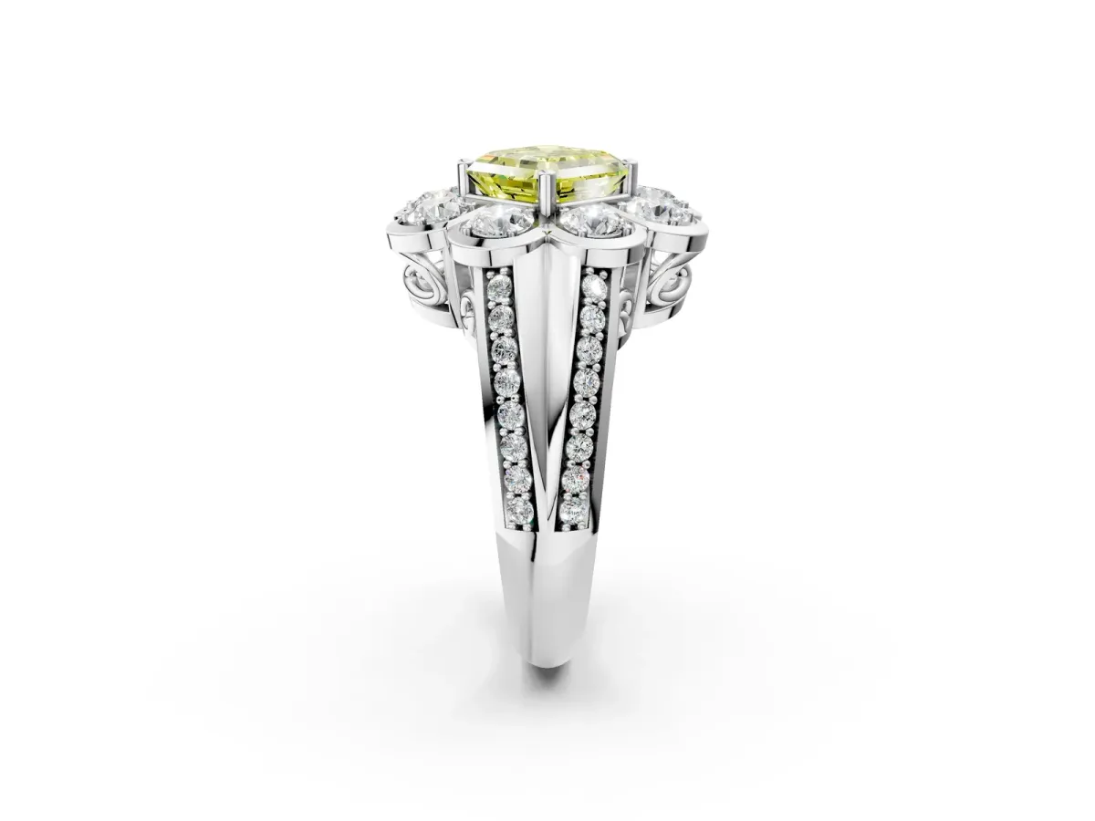 Fancy Yellow Asscher Cut Brilliant Flower Halo Diamond Split Shank Ring Platinum