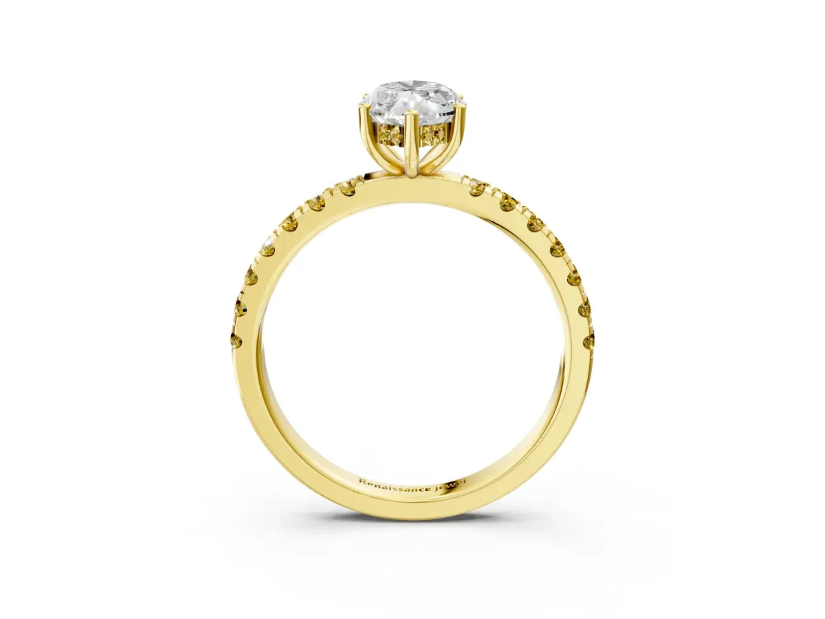Marquise Cut Diamond Pave Band Solitaire Ring with Round Yellow Sapphire and Prong Setting Yellow gold