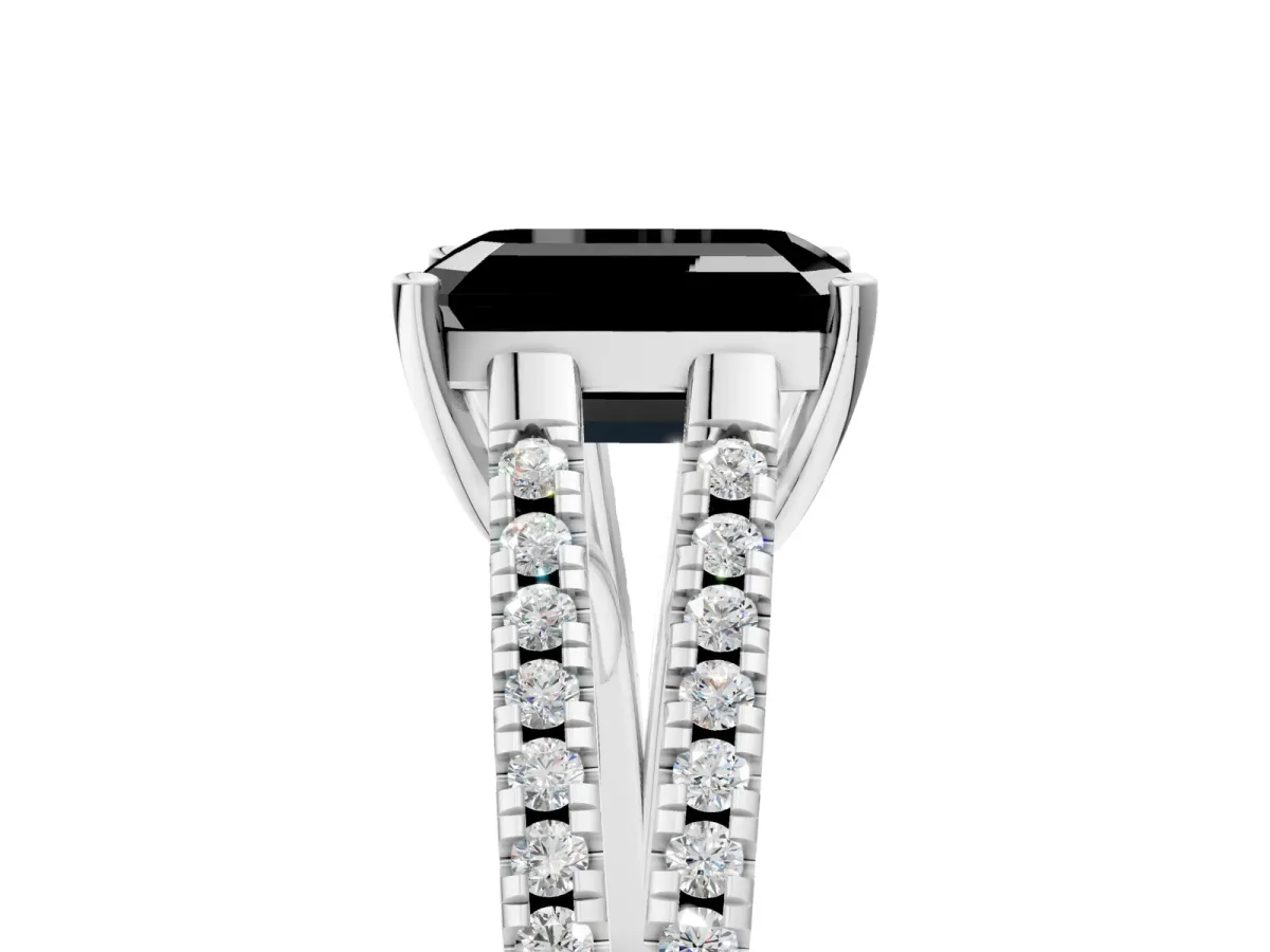 Fancy Black Emerald Cut Diamond Solitaire Engagement Ring with Split Shank Pavé Band Silver