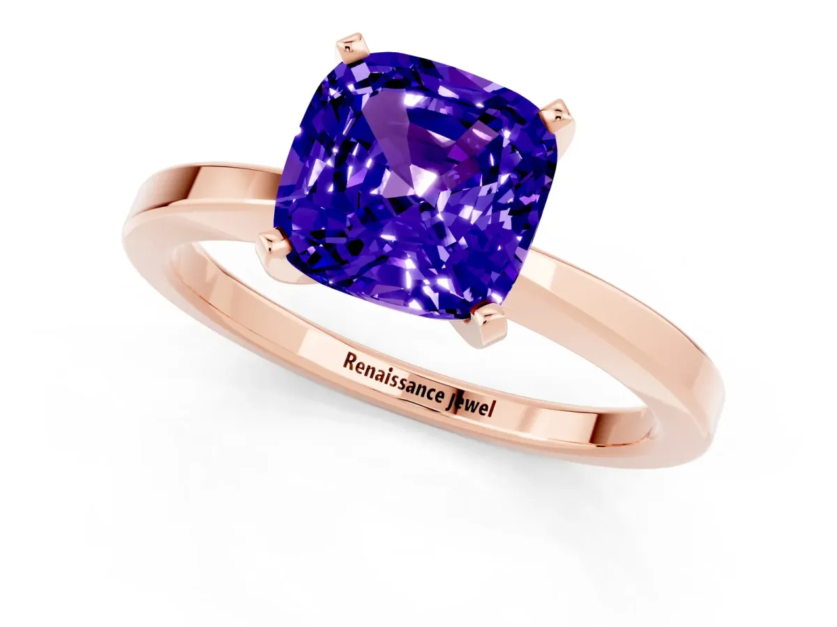 Cushion Cut Tanzanite Solitaire Engagement Ring with Classic Band and Four-Prong Setting Rose gold