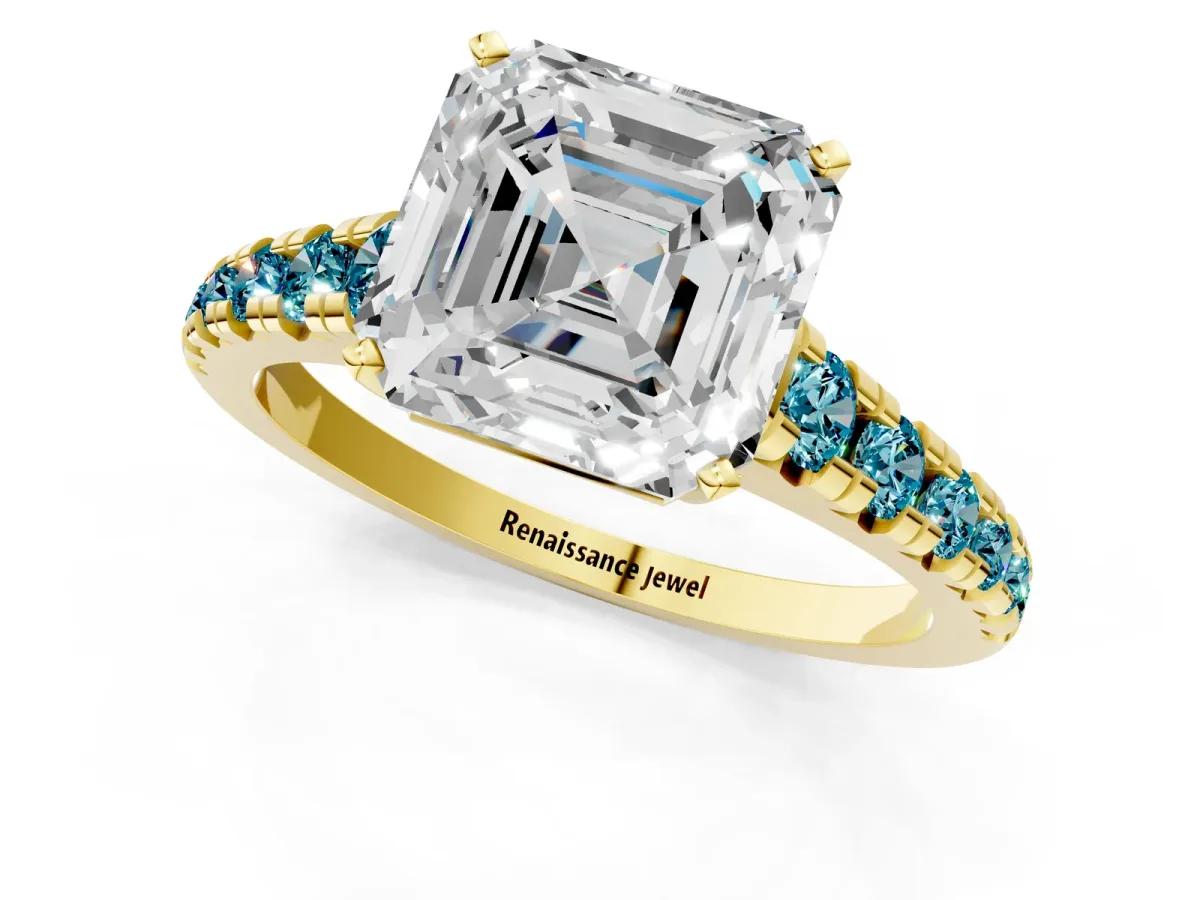 Asscher Cut Diamond Cathedral Solitaire Ring with Round Blue Topaz Pavé Band Yellow gold