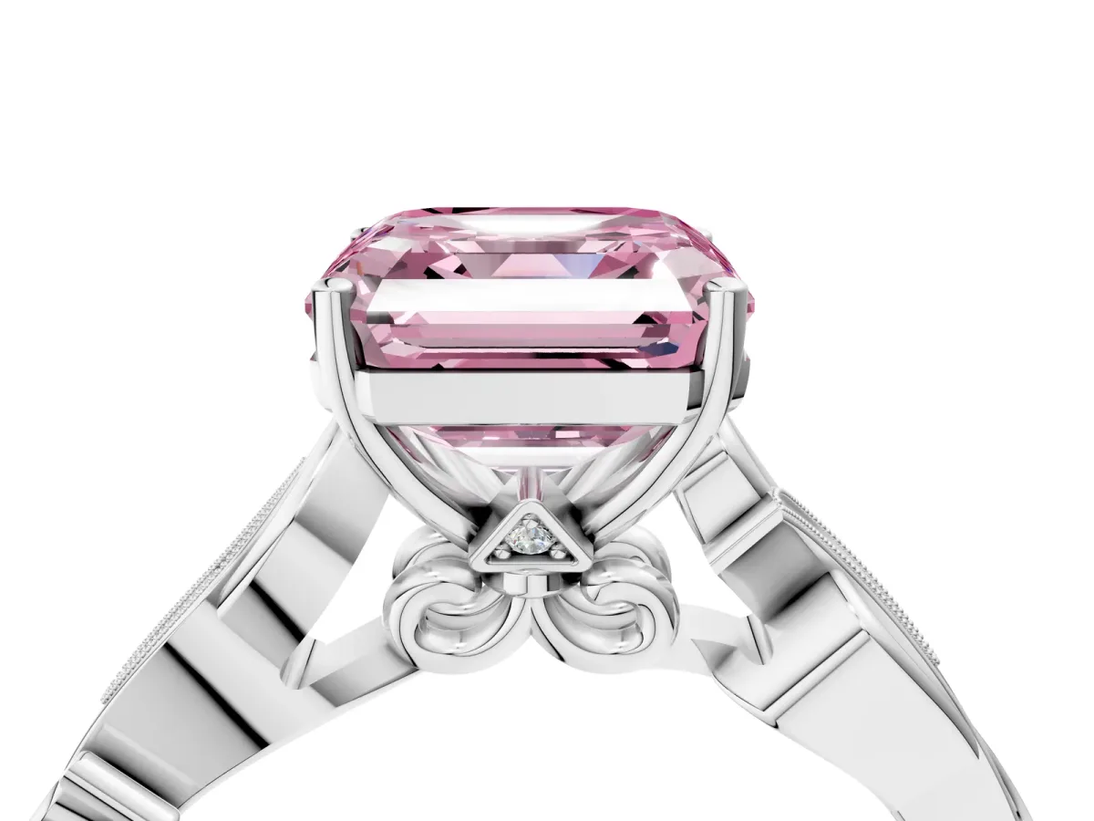 Fancy Pink Asscher Cut Solitaire Vine Band with Milgrain Prong Setting Platinum