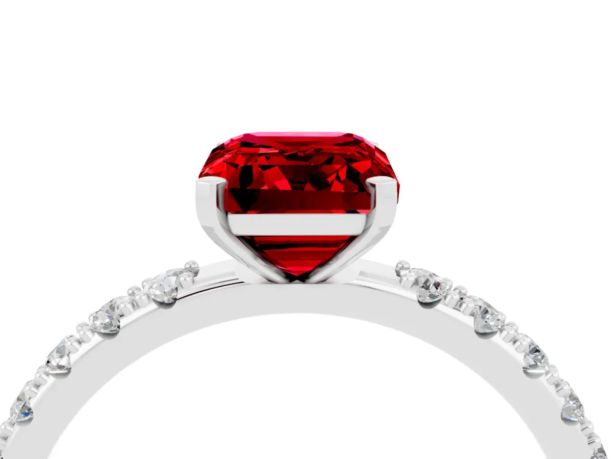 Emerald Cut Ruby Solitaire Pavé Band with Four-Prong Setting Silver