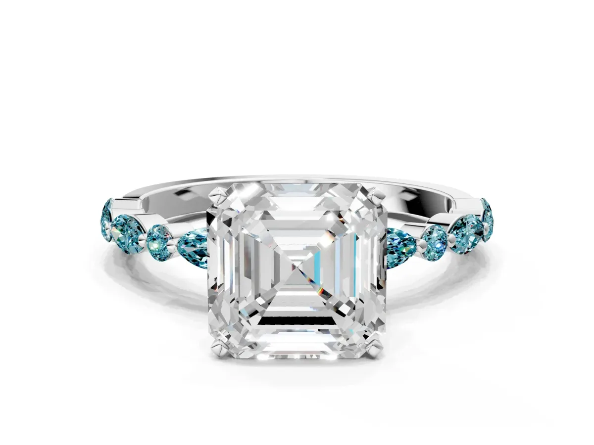 Asscher Cut Diamond Ring with Marquise and Round Blue Topaz Side Stones and Four-Prong Setting White gold